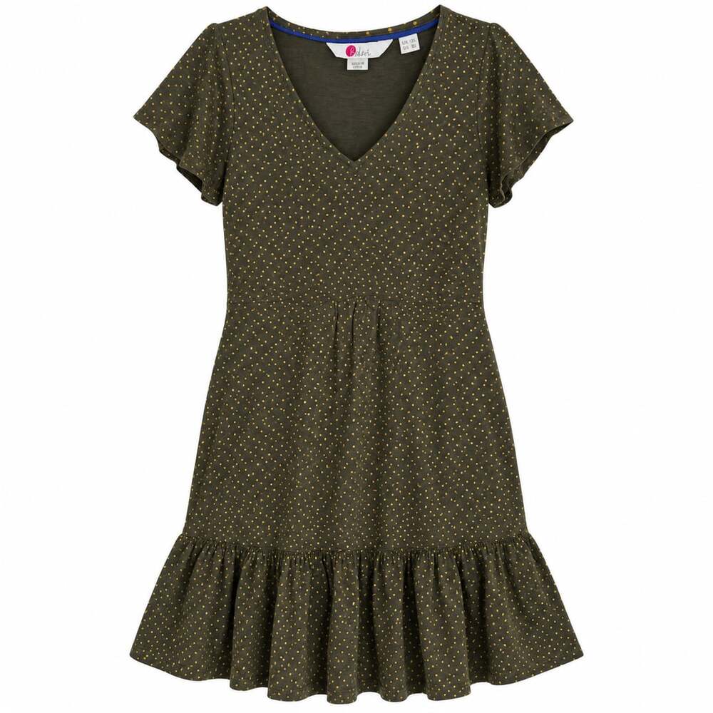 Boden Melissa Jersey Dress US 8L Khaki Gold Polka Dot Ruffle Hem